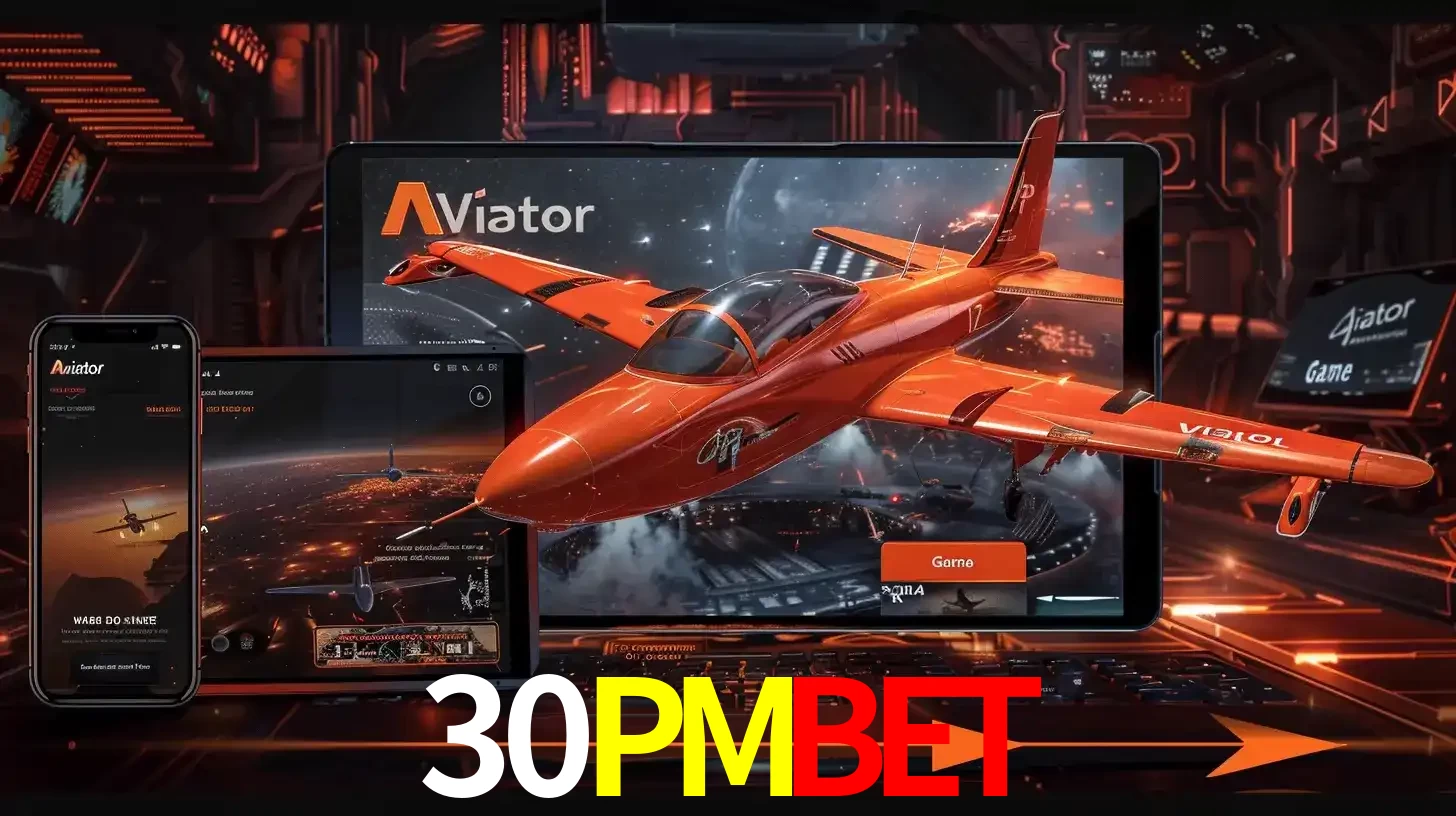 Apresentação tecnológica do jogo Aviator com um avião saindo da tela de um tablet, demonstrando a experiência imersiva em múltiplos dispositivos no 30PMBET.