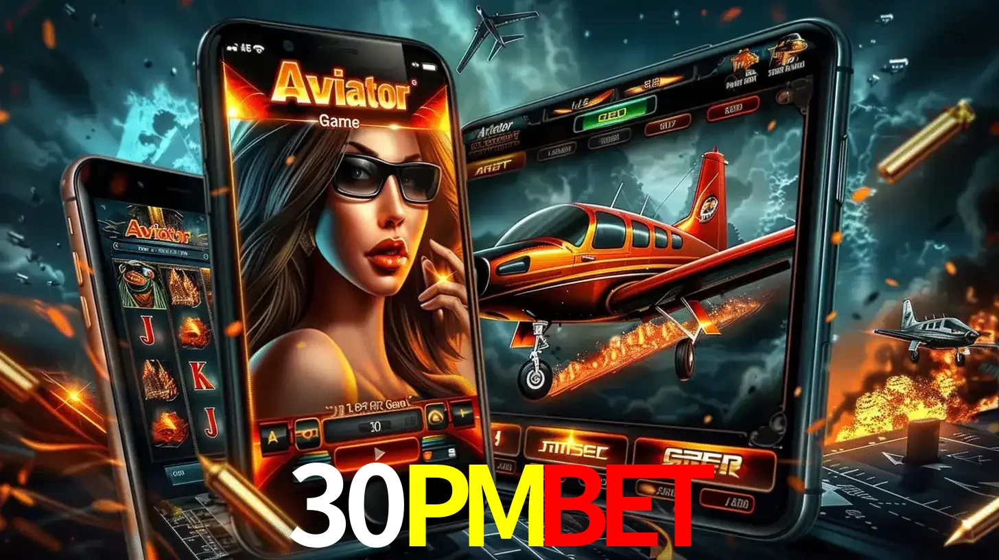 O popular jogo de apostas Aviator exibido em vários celulares e tablets, mostrando a interface emocionante e a ação de voo disponíveis para jogar agora no 30PMBET.