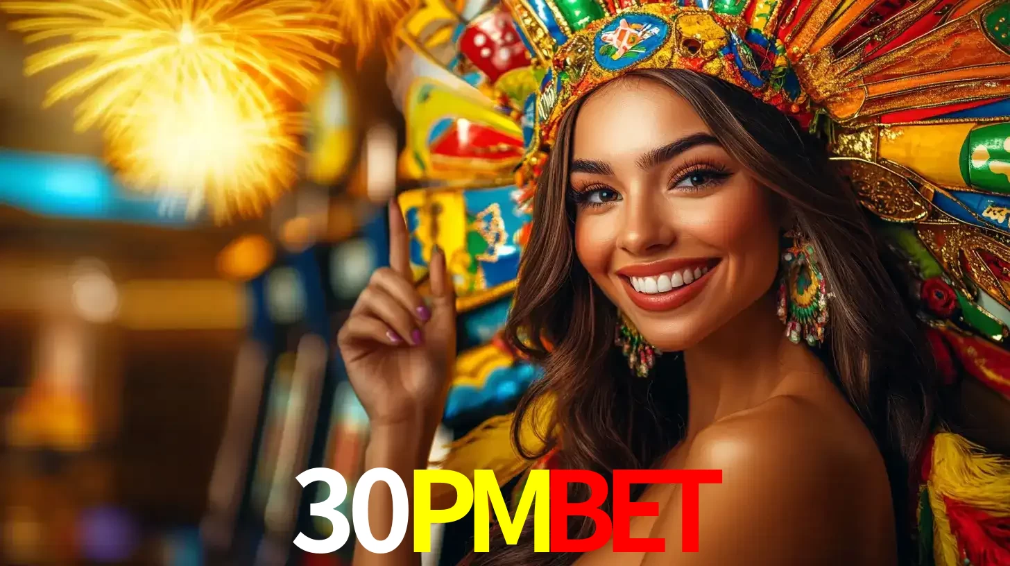 Mulher sorridente com um cocar de carnaval vibrante e colorido, celebrando uma grande vitória nos jogos do cassino 30PMBET com fogos de artifício ao fundo.