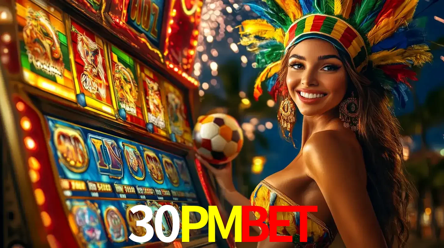 Mulher com um cocar de carnaval ao lado de uma máquina de caça-níqueis enquanto segura uma bola de futebol, mostrando a união da diversão de cassino e esportes no 30PMBET.