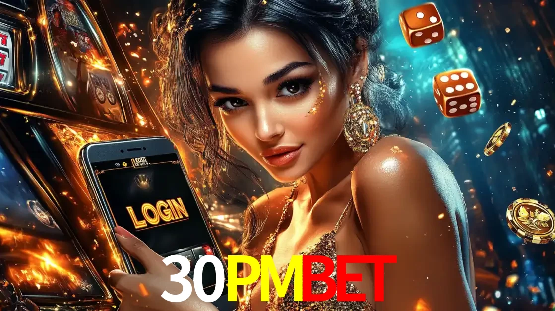Mulher glamourosa segurando um celular com a tela de login do cassino 30PMBET, rodeada por dados e moedas douradas, pronta para começar a diversão.