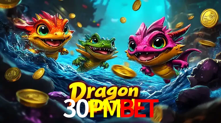 Arte promocional do jogo Dragon Hatch com três adoráveis dragões bebês nadando entre moedas de ouro, um dos slots mais divertidos para jogar no cassino 30PMBET.