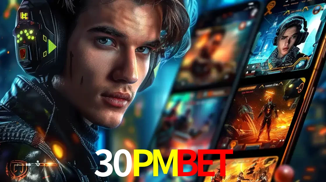 Jovem jogador com fones de ouvido olhando para a câmera, com um aplicativo de jogos e e-sports para celular ao fundo, pronto para a competição e apostas no 30PMBET.