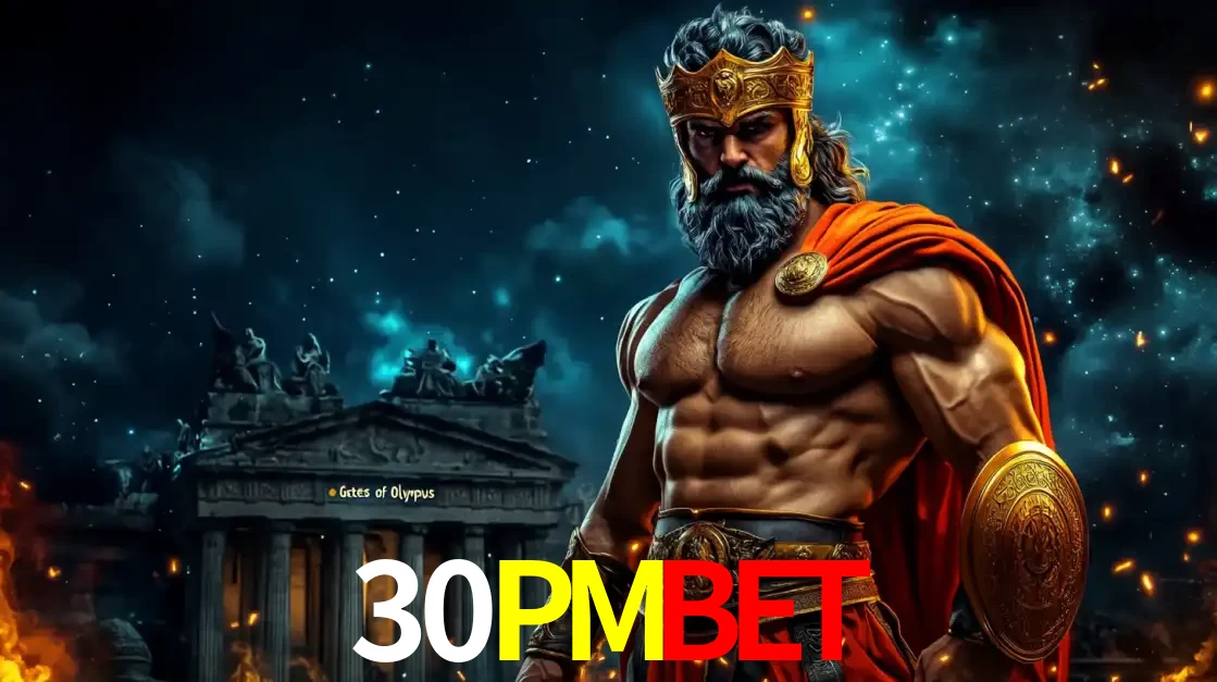 O poderoso Zeus do jogo de slot Gates of Olympus em frente ao seu templo, pronto para lançar multiplicadores divinos e prêmios épicos no cassino online 30PMBET.