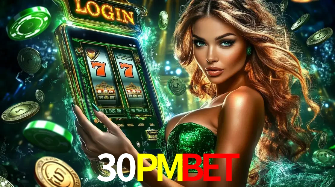 Mulher com tema verde apresentando o aplicativo do cassino 30PMBET com um jogo de slot de 777, cercada por fichas de cassino e uma aura de sorte.