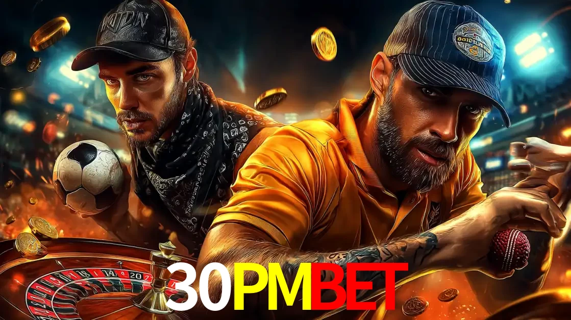 Montagem de apostas esportivas e cassino no 30PMBET, com um homem segurando uma bola de futebol e outro uma de beisebol sobre uma roleta e moedas voadoras.