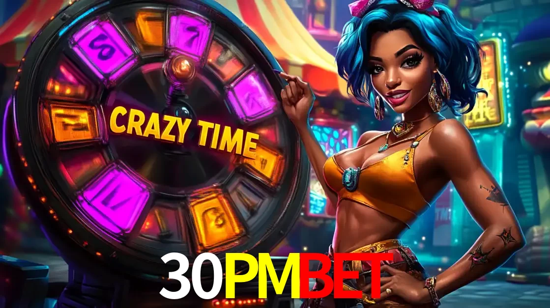 Mulher estilizada com cabelo azul e visual vibrante posando ao lado da roda de prêmios do game show Crazy Time, convidando para a diversão e os bônus do cassino 30PMBET.