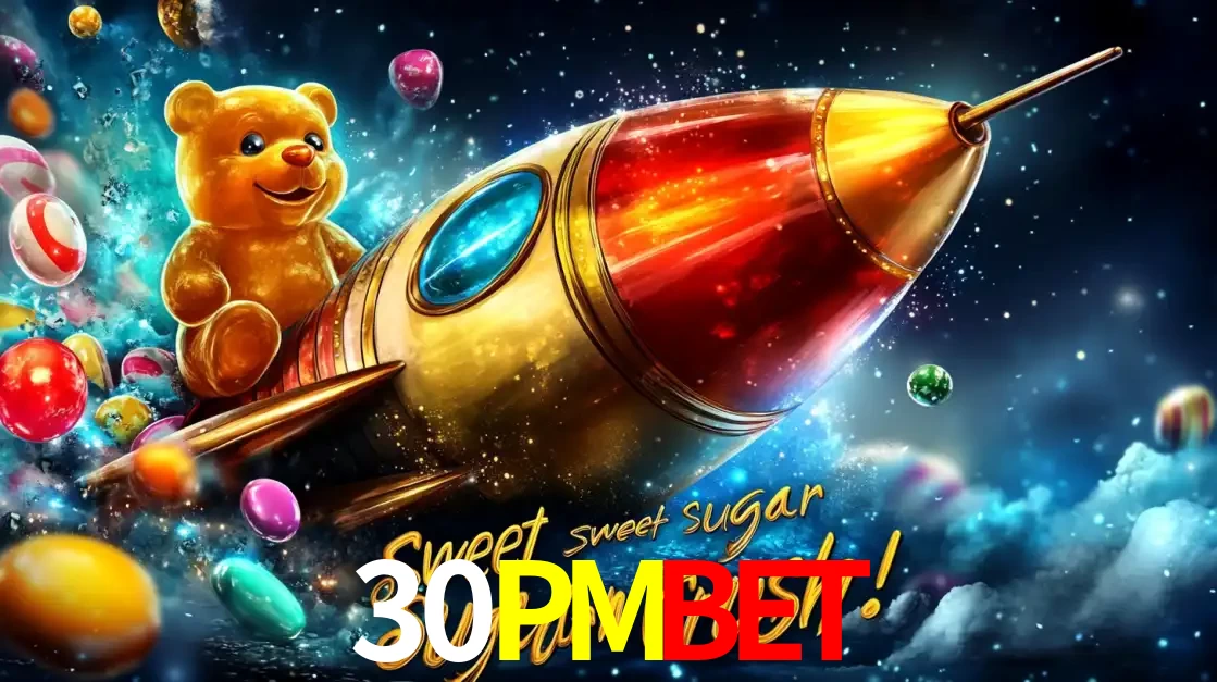 Arte promocional do jogo de slot Sugar Rush, com um urso de pelúcia em um foguete viajando pelo espaço de doces, um dos jogos divertidos disponíveis no cassino 30PMBET.