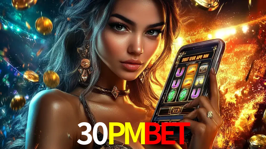 Mulher elegante mostrando um jogo de caça-níqueis em seu smartphone, destacando a experiência de cassino móvel oferecida pelo aplicativo 30PMBET.