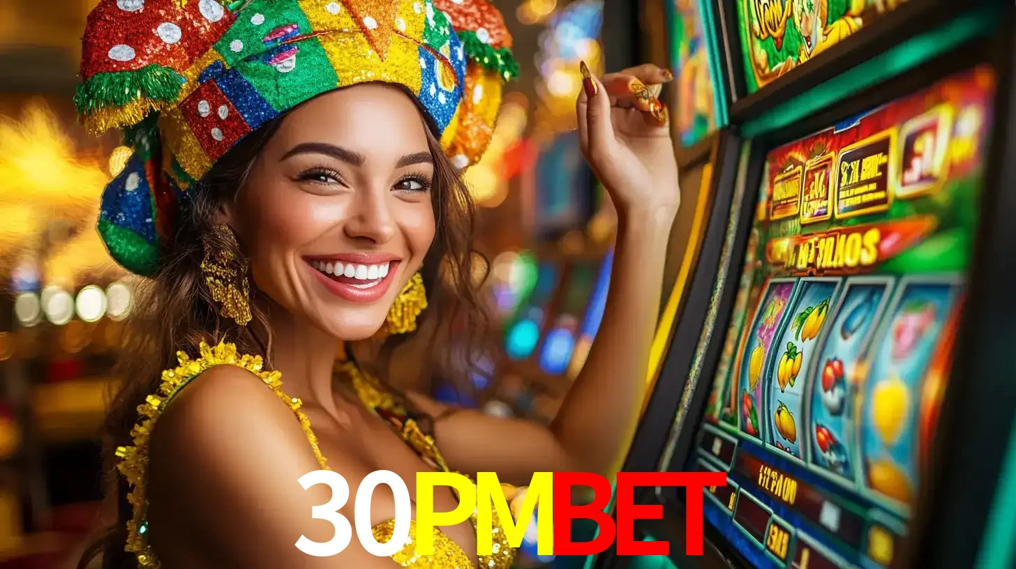 Mulher feliz com traje de carnaval amarelo e colorido ao lado de uma máquina de caça-níqueis, aproveitando a diversão e os jogos temáticos do cassino 30PMBET.