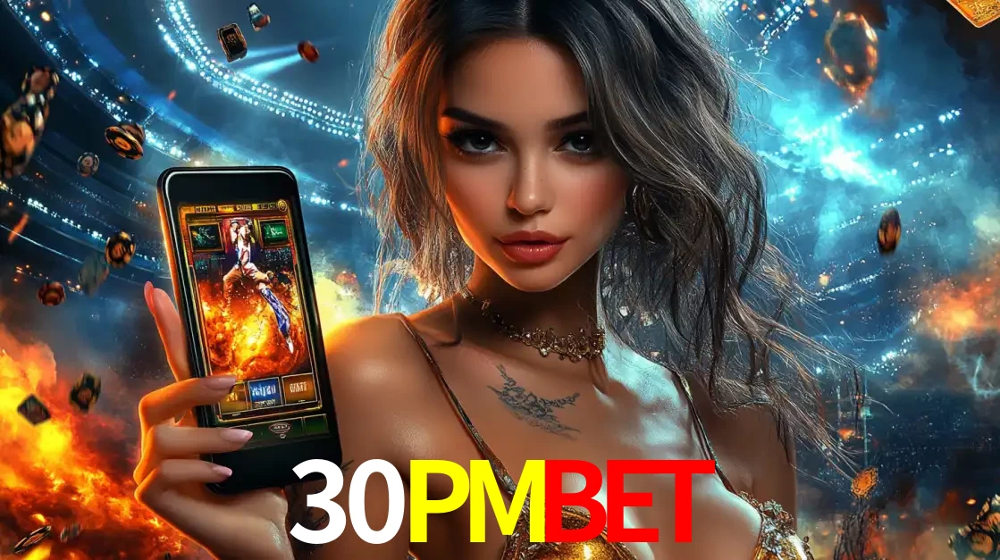 Mulher segurando um celular com um jogo de slot em destaque, tendo como fundo um estádio vibrante, simbolizando a emoção de jogar no cassino móvel 30PMBET.